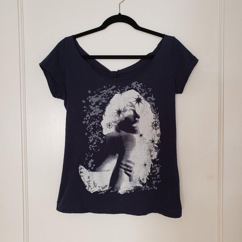Vintage Forever 21 Y2K Graphic Tee Open Back Slit Off Shoulder Shirt Medium